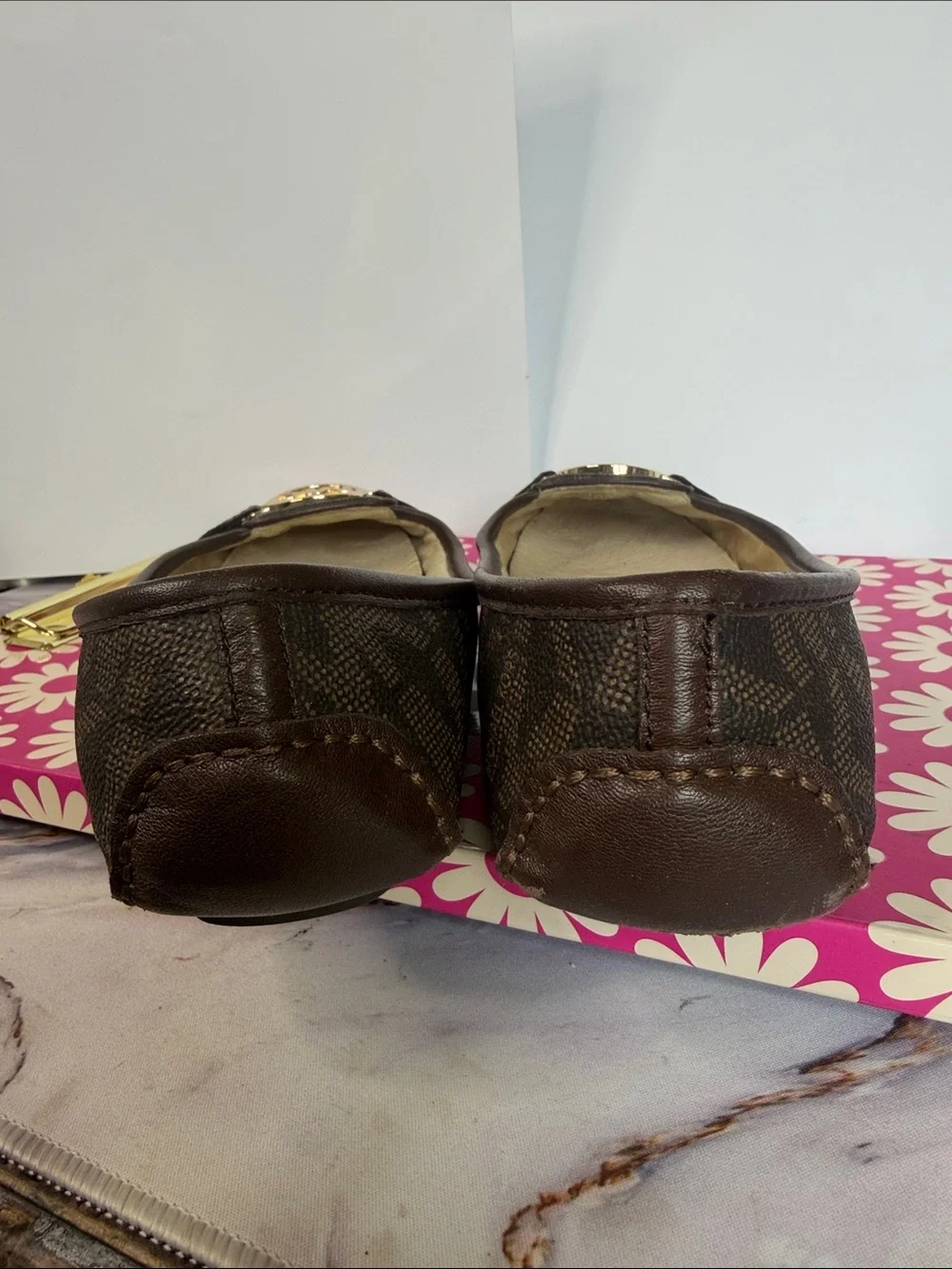 Michael‎ Kors Brown Logo-Print Ballet Flat with Gold MK Emblem